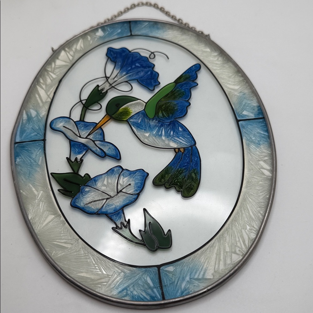 VTG Joan Baker Oval Stained Glass Hummingbird Morning Glory Sun Catcher